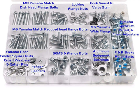 Bolt Kit For Yamaha YZ YZF Dirt Bikes 1996 To Present in a plastic case with assorted OEM-style hardware components.