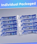 The Real Deal 3Ml Sterile Syringes With Sharp 23G 1 Inch Needles, Leak Proof Luer Lock, 100 Count Disposable Box, Heavy Duty Polypropylene For Medical And Lab Use, individual packaging displayed.