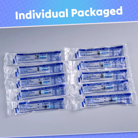 The Real Deal 3Ml Sterile Syringes With Sharp 23G 1 Inch Needles, Leak Proof Luer Lock, 100 Count Disposable Box, Heavy Duty Polypropylene For Medical And Lab Use, individual packaging displayed.
