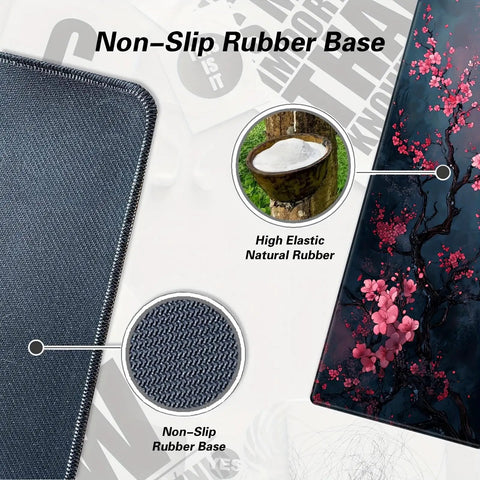 Pink Flower Extended Gaming Mouse Pad XL With Non Slip Base And Stitched Edges, rubber base detail, floral design visible on side