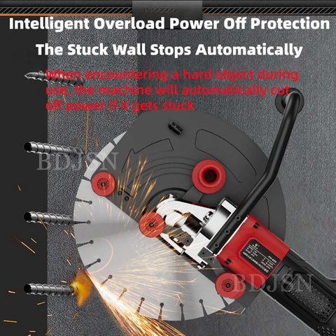 Heavy Duty Badass Electric Wall Grooving Machine Featuring Slick Depth Adjustments Up To Eleven Inches cutting through concrete with sparks.