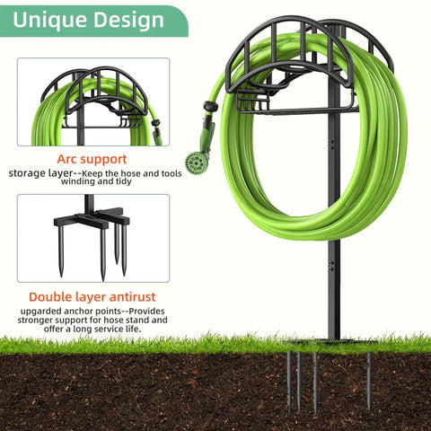 Upgraded Garden Hose Holder With Metal Reel And Detachable Tool Storage Basket Freestanding Heavy Duty Outdoor Stand