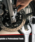 15/16 wrench from Combo Wrench Set 33 Piece Chrome Vanadium Steel Wrenches 12 Point SAE And Metric in use on motorcycle wheel