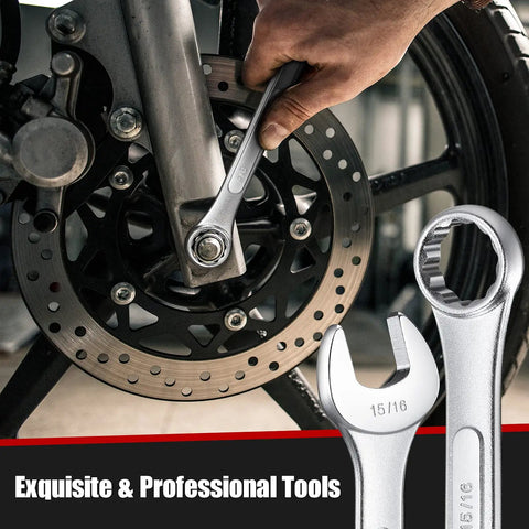 15/16 wrench from Combo Wrench Set 33 Piece Chrome Vanadium Steel Wrenches 12 Point SAE And Metric in use on motorcycle wheel