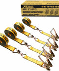 4 Pack 2 Inch By 27 Foot Heavy Duty Ratchet Tie Down Straps With Double J Hooks, 10,000 Lbs Break Strength And 3,333 Lbs Working Load box view