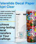 Inkjet Clear Waterslide Transfer Paper 20 sheets next to a colorful DIY tumbler mug, showcasing transparent decal application.