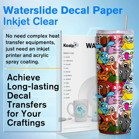 Inkjet Clear Waterslide Transfer Paper 20 sheets next to a colorful DIY tumbler mug, showcasing transparent decal application.
