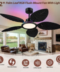 RGB Tropical Outdoor Palm Leaf Ceiling Fans with Light, 52” Black Flush Mount in modern living room with light and decor.