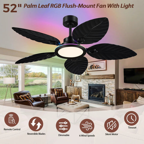 RGB Tropical Outdoor Palm Leaf Ceiling Fans with Light, 52” Black Flush Mount in modern living room with light and decor.