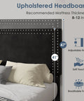 Full Size Platform Bed Frame With Height Adjustable Tufted Upholstered Headboard Modern Mattress Foundation Heavy Duty Wooden Slats No Box Spring Needed Zero Hassle Setup Jet Black Adjustable height tufted headboard with decorative studs, measuring 47 inches.