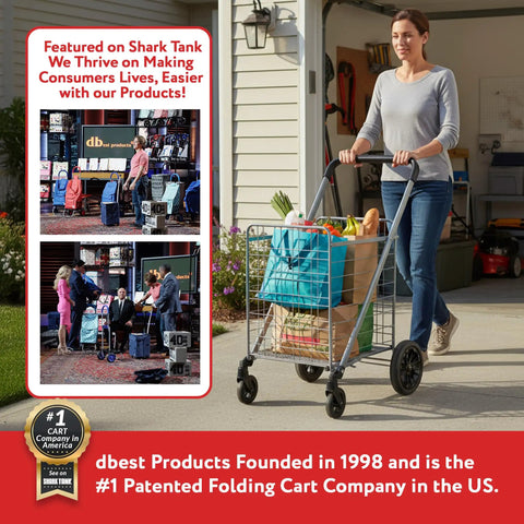 Woman using Foldable Shopping Cart With Wheels And Brake System, Heavy Duty Collapsible Utility Cart For Groceries And Laundry