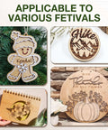 Wood laser-engraving blanks (basswood, 3mm) – collage of four craft designs: gingerbread ornament, round mountain scene, Give Thanks plaque, floral cutouts.