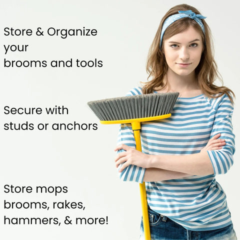 Woman holding broom with instructions for Ten Pack Wall Mount Organizing Spring Clamps For Tools, Rakes And Brooms