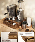 Acacia Wood Dual Drawer Coffee Pod Storage Organizer For K Cup And Nespresso Pods Walnut Finish Two Tier Pod Holder With Drawers 30 Pod Capacity Coffee Station Organizer For Home Kitchen on counter with machines and accessories.