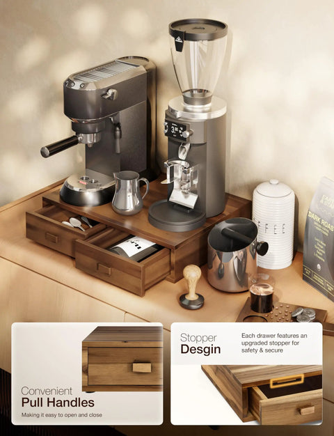 Acacia Wood Dual Drawer Coffee Pod Storage Organizer For K Cup And Nespresso Pods Walnut Finish Two Tier Pod Holder With Drawers 30 Pod Capacity Coffee Station Organizer For Home Kitchen on counter with machines and accessories.