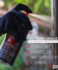 Gloved hand spraying Silicone Aerosol Lubricant Spray For All Surfaces NSF H1 Food Grade Certified on a door hinge