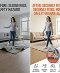 Heavy Duty Tough Double Sided Carpet Tape Fiberglass Reinforced Residue Free Rug Tape For Hardwood Floors And Tile Hand Tearable Anti Slip Safety For Kids And Pets 2 Inches By 10 Yards White shows before and after securing rug.