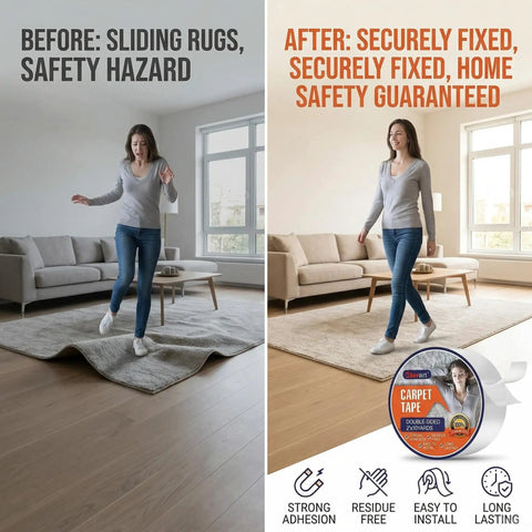 Heavy Duty Tough Double Sided Carpet Tape Fiberglass Reinforced Residue Free Rug Tape For Hardwood Floors And Tile Hand Tearable Anti Slip Safety For Kids And Pets 2 Inches By 10 Yards White shows before and after securing rug.