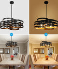 Six Light Modern Farmhouse Chandelier With Stacked Ring Design In Black Metal And Gold Interior for Dining Room Kitchen Entryway