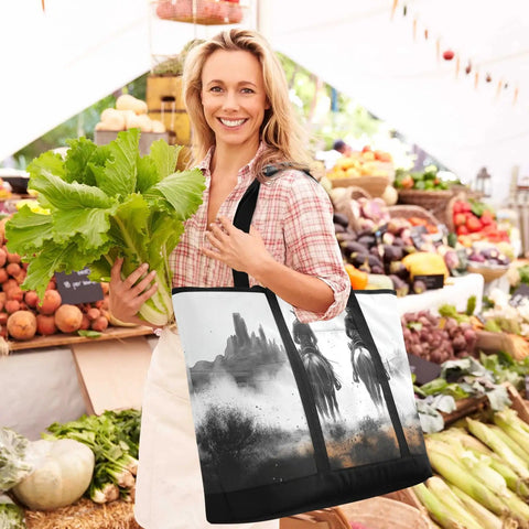 Woman holding lettuce with Western Desert Cowboy Style Insulated Cooler Bag at a farmers market, showcasing bag capacity.