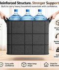 Rock Solid Heavy Duty Foldable Storage Cubes With Secure Snap Lids And Reinforced Carry Handles For Super Roomy Home Organization. Multiple water bottles in a sturdy fabric tote.