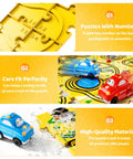 Close-up of yellow puzzle piece and cars from Puzzle Racer Car Track Set for Kids Ages 3 to 6 With 48 Pieces and 2 Cars, 6 Road Signs