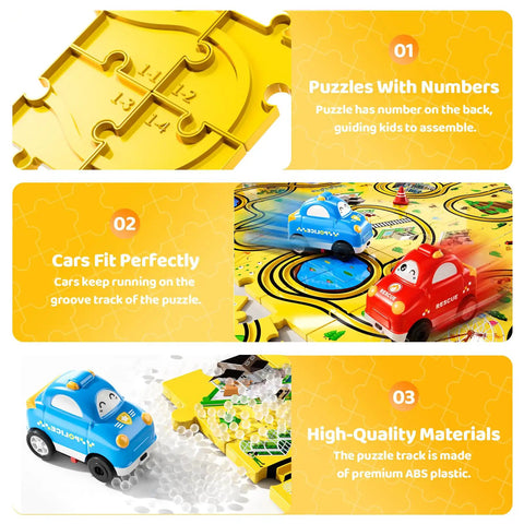 Close-up of yellow puzzle piece and cars from Puzzle Racer Car Track Set for Kids Ages 3 to 6 With 48 Pieces and 2 Cars, 6 Road Signs