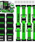 Over The Tire Heavy Duty E Track Wheel Chock And Tie Down Straps Kit 4 Pack 2 Inch By 9 Foot Ratchet Straps With Steel Wheel Chocks 1466 Lbs WLL For ATV UTV And Trailer Hauling Green, showing package contents and green straps.