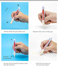 Instructional steps for using Five Pack Grout Pen Fixer To Renew Tile Lines And Restore Tile Walls And Floors In Bathrooms And Kitchens Fawn Color Waterproof Ink That Stays Colorfast, Easy To Use By Shaking And Squeezing For Quick, Long Lasting Grout Refresh including shaking, removing cap, pressing, and squeezing for grout application.