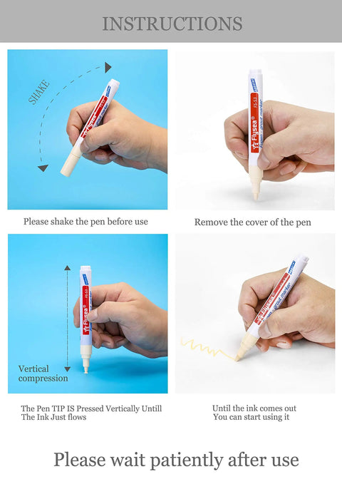 Instructional steps for using Five Pack Grout Pen Fixer To Renew Tile Lines And Restore Tile Walls And Floors In Bathrooms And Kitchens Fawn Color Waterproof Ink That Stays Colorfast, Easy To Use By Shaking And Squeezing For Quick, Long Lasting Grout Refresh including shaking, removing cap, pressing, and squeezing for grout application.