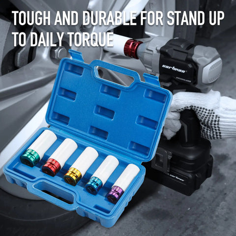 5 Piece Deep Impact Socket Set One Half Inch Drive Non Marring Lug Nut Sockets With Protective Nylon Sleeves in blue case