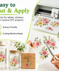Premium Clear Printable Sticker Paper 30 Sheets 8.5x11 Slick Waterproof Adhesive Vinyl For Inkjet Printers cut for floral designs on jars.