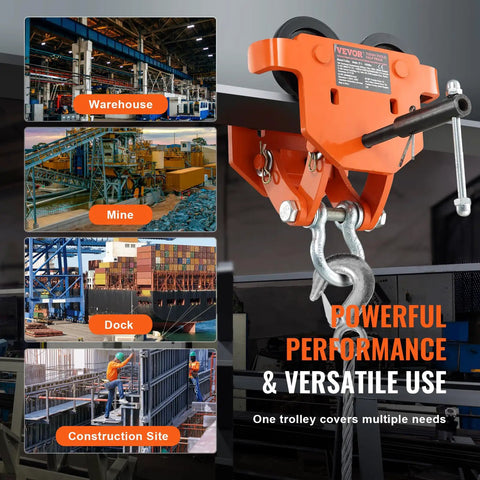 Beefy Manual Beam Trolley For 2 Ton Load, Dual Wheel Push Trolley in warehouse, mine, dock, construction site settings.