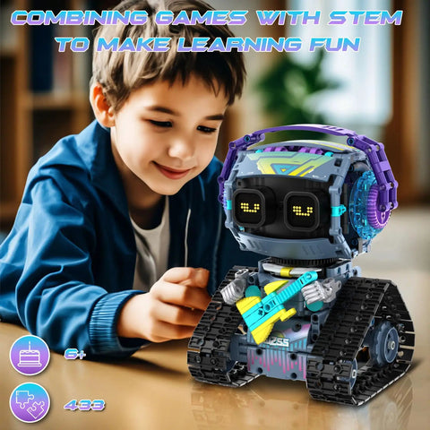 3In1 Remote And App Controlled STEM Robot Building Kit For Kids 6 To 14 433 Pcs Building Blocks Set With LED Dynamic Eyes And Fun Sounds Build A Rock Robot Truck Or Road Roller Perfect Gift For Boys And Girls., child building 433-piece robot kit with LED eyes