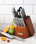 German Stainless Steel Kitchen Knife Set With Built In Sharpener in block, cherry wood, high carbon knives on kitchen counter.