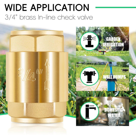 Brass 3/4-inch inline check valve, 2-pack, for water supply/backflow prevention (front view)
