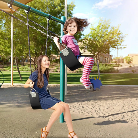 Two Pack Swing Seats With Metal Triangle Ring 30.4 By 5.9 Inch Supports 300 Lb Heavy Duty Replacement For Outdoor Playground Trees Backyard Kids And Adults Black in use by woman and child