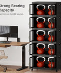 Premium Five Tier Storage Tower With Clear Front Panel Foldable Stackable Cabinet Rack Massive 230 Gallon Capacity For Bedrooms Closets And Garages Ditching The Clutter Is A Total Breeze holding kettlebells in clear bins, black plastic, 25.6x16.3x70.8in, office setting.