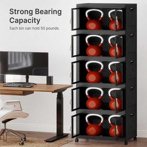 Premium Five Tier Storage Tower With Clear Front Panel Foldable Stackable Cabinet Rack Massive 230 Gallon Capacity For Bedrooms Closets And Garages Ditching The Clutter Is A Total Breeze holding kettlebells in clear bins, black plastic, 25.6x16.3x70.8in, office setting.