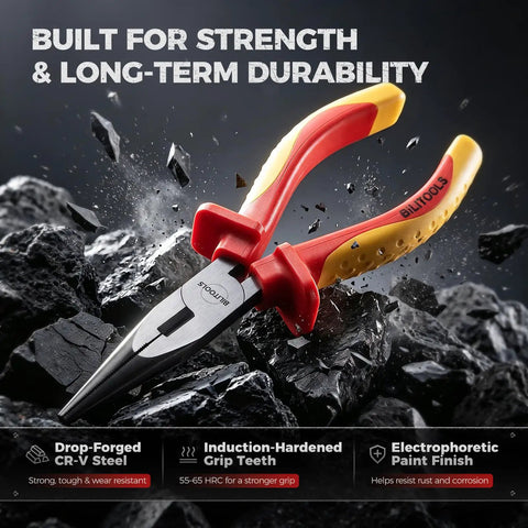 Insulated Needle Nose Pliers, 6 Inch, 1000V VDE Certified, Cr V Steel, Long Narrow Jaws For Tight Spaces, Reaches Into Electrical Boxes And Dense Panels, Pro Grade Tool For Electricians And Wiring Bundles.