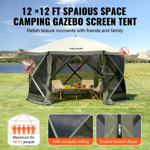 Front view of 12x12ft Pop Up Gazebo Tent With Mosquito Netting, 6 Removable Wind Panels And 2 Mesh Windows, Outdoor Canopy Shelter, Army Green