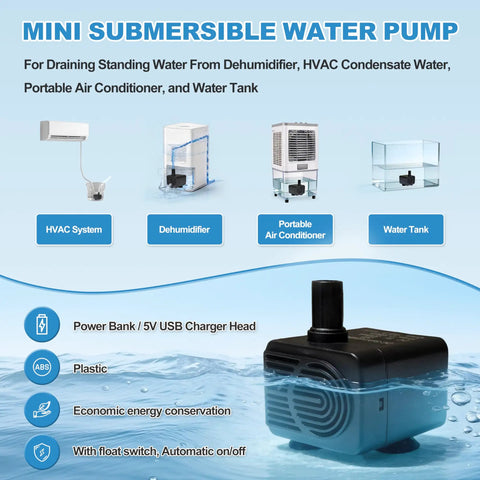 Smart Tiny But Mighty Mini Sump Pump With Water Sensor And Float Switch, Auto On Off, for HVAC and Dehumidifiers