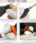 20 Piece Chainsaw Sharpening Kit With Diamond Burr Files And Angle Guide shown in use with drill for blade sharpening.