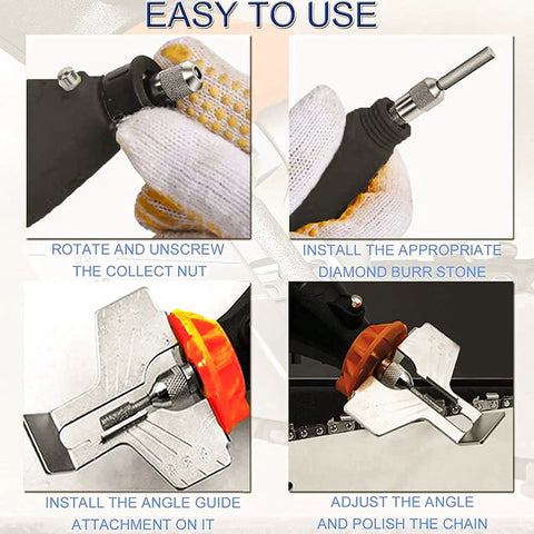 20 Piece Chainsaw Sharpening Kit With Diamond Burr Files And Angle Guide shown in use with drill for blade sharpening.