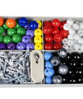 240 Piece Molecular Model Kit with colorful plastic atoms in tray for visual learning in organic and inorganic chemistry