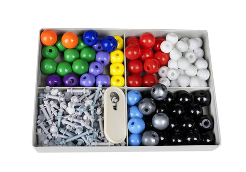 240 Piece Molecular Model Kit with colorful plastic atoms in tray for visual learning in organic and inorganic chemistry