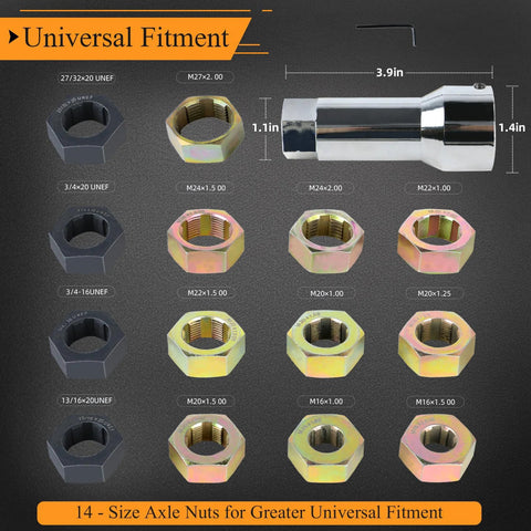 Tesmirror 16-piece axle spindle rethreading kit with 10 dies and 1-1/16 in extension bar, displayed with hex nuts.
