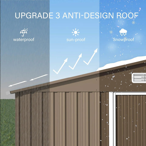 Spacious 10x8 Foot Outdoor Storage Shed With Window And Lockable Doors showcasing waterproof, sun-proof, and snow-proof roof features.
