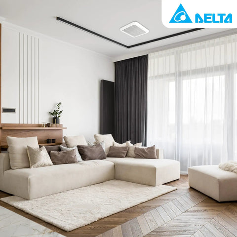 Modern living room with Quiet Bathroom Exhaust Fan With Brushless DC Motor, Energy Efficient No Fuss Performance, ceiling view
