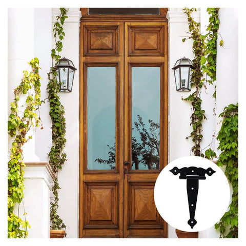 Wooden double doors with inset of Three Pack T Shape Rustproof Iron Heavy Duty Shed Hinge Set With Silent Hydraulic Buffer.
